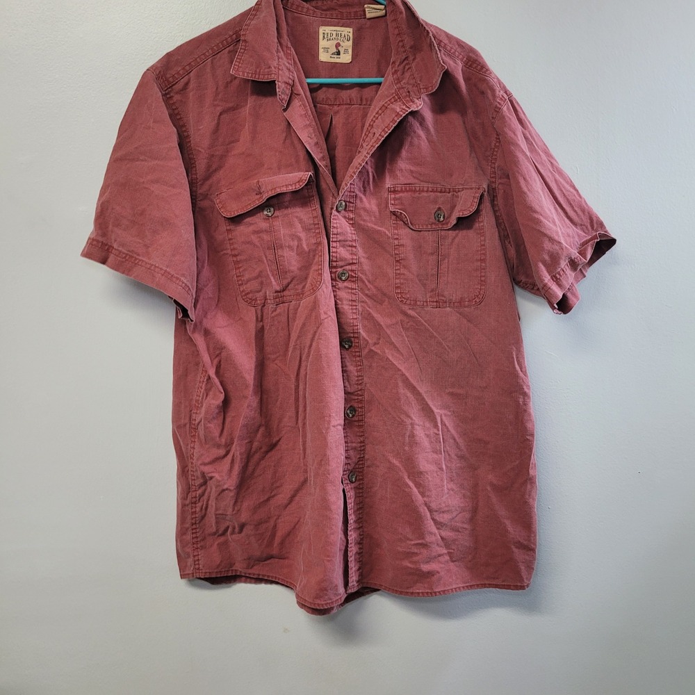 RedHead Mens XL Short Sleeve Button Down Shirt Red Slub‎ Knit Cotton